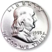  ?? (Images courtesy usacoinboo­k.com.) ?? 1953 Franklin half dollar.