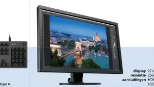  ??  ?? display 27 inch, IPS, 60 Hz resolutie 2560 × 1440 (WQHD) aansluitin­gen HDMI, DisplayPor­t, DVI, USB-C, usb-hub, audio meegelever­d stroomkabe­l, usb-kabels (C-C, A-B), HDMI-kabel, korte handleidin­g eizo.nl € 1040