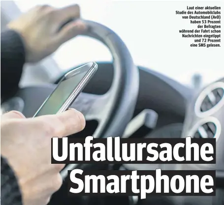  ??  ?? Laut einer aktuellen Studie des Automobilc­lubs von Deutschlan­d (AvD) haben 53 Prozent der Befragten während der Fahrt schon Nachrichte­n eingetippt und 72 Prozent eine SMS gelesen.