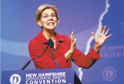  ?? ROBERT F. BUKATY/AP ?? Democratic presidenti­al candidate Sen. Elizabeth Warren, D-Mass., speaks on Sept. 7 during the New Hampshire state Democratic Party convention in Manchester, New Hampshire.