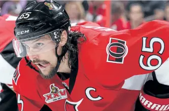  ?? JANA CHYTILOVAY/GETTY IMAGES FILES ?? Ottawa Senators’ captain Erik Karlsson prepares for a face-off against the New York Rangers in the third period in Game 1 of the Eastern Conference Second Round during the 2017 NHL Stanley Cup Playoffs, at Canadian Tire Centre, on April 27, 2017, in...
