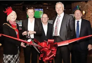  ?? ?? Accrington Stanley’s new £2.5m hospitalit­y and conference venue was opened by former Minister for Sport Tracey Crouch MP and Chairman of the English Football League Rick Parry, flanked by from left: Mayor Kathleen Pratt, Stanley MD David Burgess and Stanley owner Andy Holt