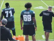  ?? MEDIANEWS GROUP PHOTO ?? The ranks of injured Eagles offensive linemen are swelling, with an illness forcing Matt Pryor ( 69) to join Andre Dillard ( biceps) and Jason Peters ( toe) on the sidelines at practice this week and on Sunday when the Ravens visit the Linc.