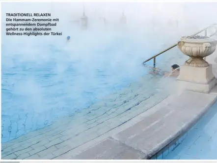  ??  ?? TRADITIONE­LL RELAXEN Die Hammam-Zeremonie mit entspannen­dem Dampfbad gehört zu den absoluten Wellness-Highlights der Türkei
