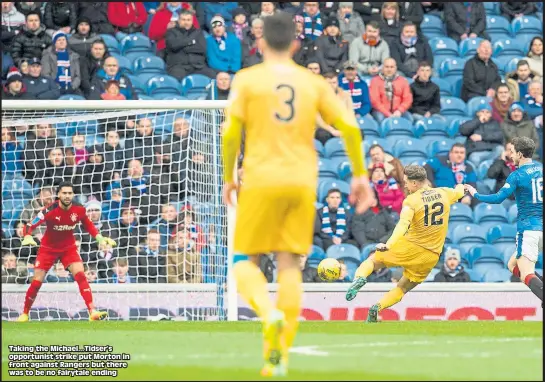  ??  ?? Taking the Michael...Tidser’s opportunis­t strike put Morton in front against Rangers but there was to be no fairytale ending