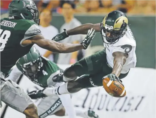  ?? Marco Garcia, The Associated Press ?? Colorado State wide receiver Michael Gallup stretches toward the pylon in attempting to score against Hawaii this season. Gallup has caught 163 passes for 2,570 yards and 21 touchdowns during his two seasons in Fort Collins.