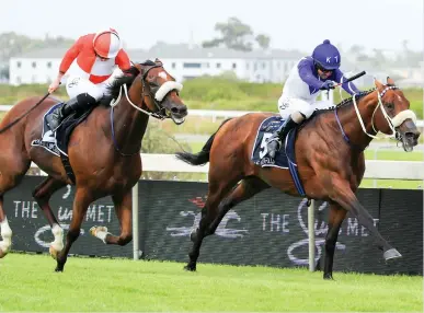  ?? Picture: Wayne Marks ?? GUTSY WIN. One World, ridden by MJ Byleveld, keeps plugging away down the Kenilworth straight to hold off Rainbow Bridge and Ryan Moore and win the R3-million Sun Met on Saturday (See Back Page)