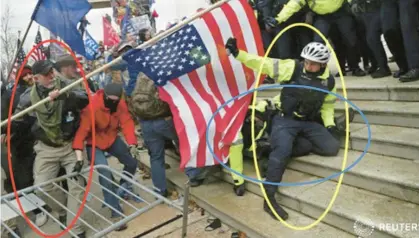  ?? U.S. DEPARTMENT OF JUSTICE ?? Crown Point resident Dale Huttle, left, holding an American flag, appeared to strike a Metropolit­an Police Department officer, who is circled in yellow, during the Jan. 6, 2021, riot outside the U.S. Capitol.