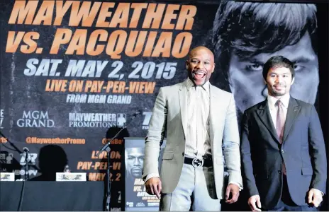  ?? Picture: JONATHAN ALCORN, EPA ?? THE ULTIMATE BILLBOARD: Floyd Mayweather Jnr and Manny Pacquiao pose on stage during a press conference in Los Angeles yesterday announcing their May 2 super-fight in Las Vegas.