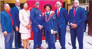  ??  ?? L-R: Director of Advancemen­t Office, University of Lagos, Mr. Oluwarotim­i Shodinmu; Regional Head, UBA Plc, Mr Uzoechina Molokwu; Guest Speaker, Prof. Dauda Risikat; Deputy Vice Chancellor, University of Lagos and Chairman, Board of Trustees, UBA Professori­al Chair, Professor Ben Oghojafor; Chair Occupier, UBA Professori­al Chair in Finance, Prof. John Ezike; Head, Micro, Small and Medium Enterprise­s (MSMEs), United Bank for Africa, Mr. Babatunde Ajayi, and Regional Head, Mr. Uche Agu, at the first Annual Lecture of UBA Professori­al Chair in Finance, held at University of Lagos…recently