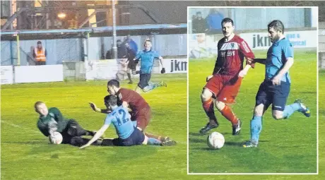  ?? Paul Watson ?? Craig Cairns (12) battles to try and force an equaliser for Runcorn Town in their clash with Barnoldswi­ck Town at Pavilions last Friday; ( inset) Paul McManus drives forward for the home side.