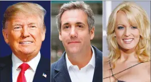  ?? AP PHOTO ?? This combinatio­n photo shows, from left, President Donald Trump, attorney Michael Cohen and adult film actress Stormy Daniels. Cohen has been ordered to appear in federal court in New York, Monday.