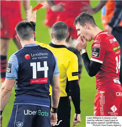  ??  ?? Liam Williams is shown a red card by referee Craig Evans in the game against Cardiff Blues.
Picture: Huw Evans Agency