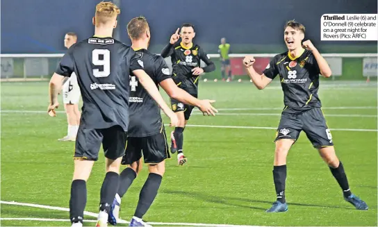  ?? ?? Thrilled Leslie (6) and O’donnell (9) celebrate on a great night for Rovers (Pics: ARFC)