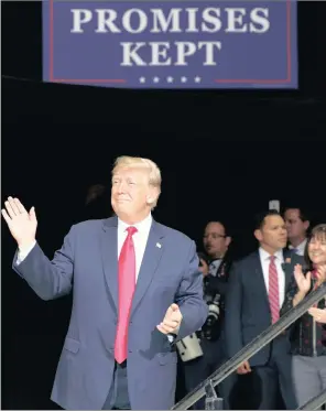  ?? PICTURE: AP/CAROLYN KASTER ?? President Donald Trump arrives to speak at the North Side Gymnasium in Elkhart, Indiana, this week during a campaign rally.