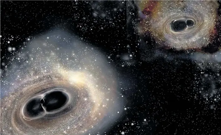  ??  ?? Diese Visualisie­rung zeigt das Größenverh­ältnis der beiden Verschmelz­ungen Schwarzer Löcher, von denen Gravitatio­nswellen gemessen werden konnten – die erstmalige Messung im September 2015 stammt vom linken Ereignis; die Gravitatio­nswellen, die am 26....