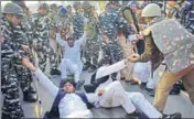  ?? ANI ?? SP workers held protests in parts of Uttar Pradesh on Tuesday after Akhilesh Yadav was denied permission to fly to Allahabad.
