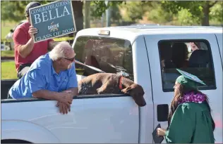  ?? Dan Watson/The Signal ?? (Above) Graduating Senior Isabella “Bella” Allen is greeted by a truck full of supporters at the Canyon High School drivethru graduation ceremony Wednesday morning at Central Park in Saugus. (Left) Jamil Esmeirat gets help putting on his mask during the Canyon High event.