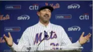 ?? KATHY WILLENS - THE ASSOCIATED PRESS ?? FILE - In this Oct. 23, 2017, file photo, New York Mets new manager Mickey Callaway gestures at the podium after he was introduced to the media during a baseball news conference at CitiField in New York. The former Cleveland Indians guru begins his...