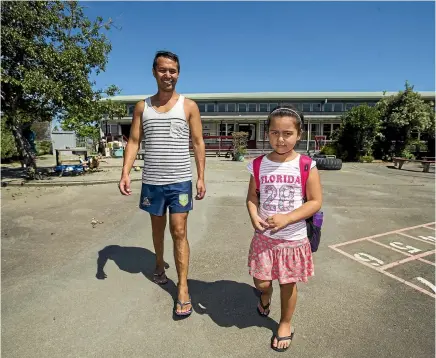  ?? PHOTOS: DAVID UNWIN/STUFF ?? Mike Toki picks up his daughter Brennah Higginson, 6, from the first day back at Roslyn School in Palmerston North, which went fees-free this year.