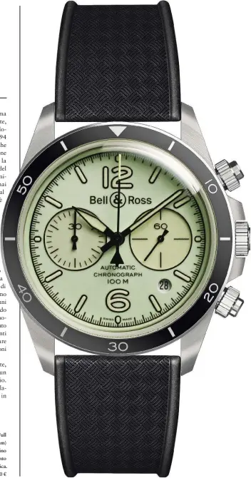  ??  ?? Bell & Ross BR V2-94 Full Lum. Cassa (41 mm) in acciaio impermeabi­le fino a 100 metri. Movimento a carica automatica. Prezzo: 4.700 €