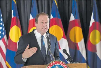  ?? Helen H. Richardson, The Denver Post ?? Gov. Jared Polis gives an update on the coronaviru­s epidemic in Colorado during a press conference at the State Capitol on Monday in Denver.