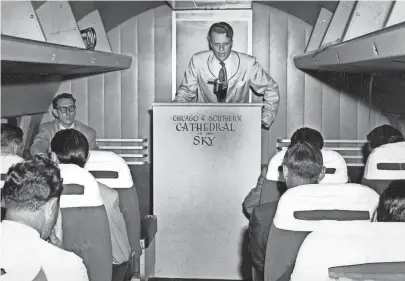  ??  ?? Billy Graham went 7,000 feet aloft on 8 June 1951 to dedicate Chicago & Southern’s new Constellat­ion “Spirit of Detroit” and to warn a Memphis radio and television audience of the need for a spiritual awakening. RUDOLPH VETTER / THE COMMERCIAL APPEAL