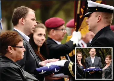  ??  ?? Craig Houston (great, great, great grandson of Francis Kelly) accepts a flag at the ceremony, while inset, Laura Hamilton (Craig’s partner), Craig and Josephine Houston (Craig’s mum)