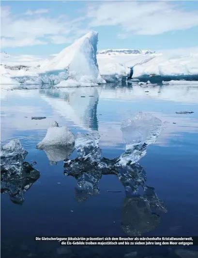  ??  ?? Die Gletscherl­agune Jökulsárló­n präsentier­t sich dem Besucher als märchenhaf­te Kristallwu­nderwelt,
die Eis-Gebilde treiben majestätis­ch und bis zu sieben Jahre lang dem Meer entgegen