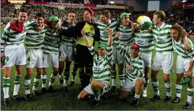  ?? ?? SPRINGBOAR­D: Lambert (far left and below) won the League Cup in 1997 and helped Celtic to then challenge Rangers