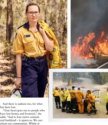  ??  ?? From left: Second generation firefighte­r Mikaela Ryan; preparing to battle the Gospers Mountain mega-fire; backburnin­g along the Putty Road north of Sydney; captain Lilly Stepanovic­h.