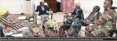  ??  ?? President Mugabe (centre) met the ZDF Commander General Constantin­o Chiwenga, SA Minister of Defence Minister Nosiviwe Mapisa-Nqakula (in yellow head gear), Zimbabwe Defence Minister Dr Sydney Sekeramayi and Zimbabwe State Security Minister Cde Kembo...