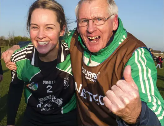  ??  ?? Clanmauric­e player Elaine Ryall and manager Mike Enright celebratin­g after the AIB All-Ireland Junior Camogie Club Championsh­ip Final replay win over Raharney of Westmeath in McDonagh Park, Nenagh last Sunday