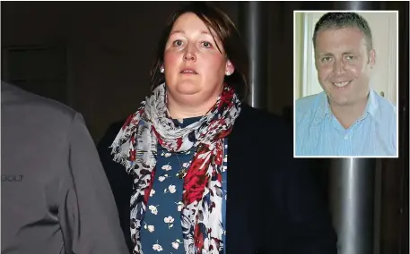  ??  ?? Caroline Donohoe, widow of Detective Garda Adrian Donohoe (inset), outside Dundalk District Court last night after Aaron Brady, below, was charged with her husband’s murder. Main picture: Steve Humphreys