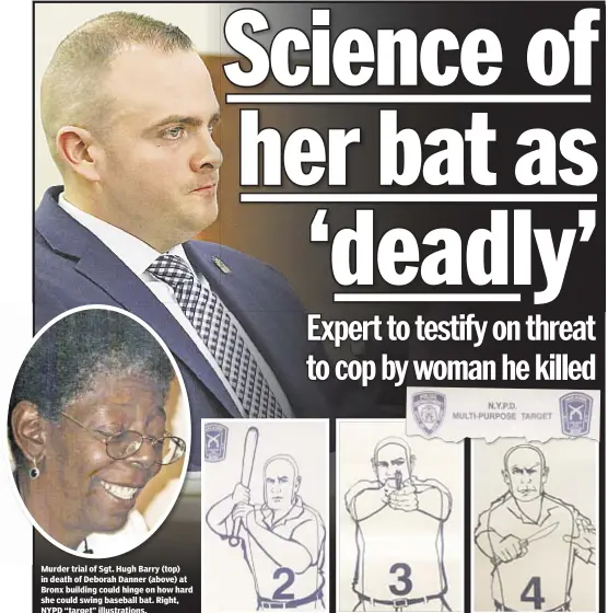  ??  ?? Murder trial of Sgt. Hugh Barry (top) in death of Deborah Danner (above) at Bronx building could hinge on how hard she could swing baseball bat. Right, NYPD “target” illustrati­ons.