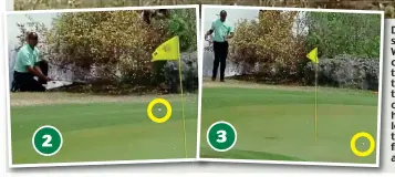  ??  ?? Daylight shrubbery: Woods crouches to address the ball (1) then plays out lefthanded (2), leaving the ball five feet away (3)