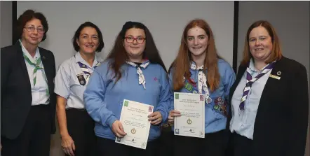  ??  ?? Leah Williams-Morgan and Grainne Leahy of St Brendan’s Guides, Tralee, pictured at the National Guide Awards with their Guide Leader, Aine Bulman, and (left) Irish Girl Guides President Maureen Murphy, and (right) IGG Chief Commission­er Helen Concannon.