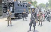  ?? AP ?? Sri Lankan police officers stand guard in Ambatenna.