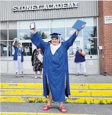  ?? CONTRIBUTE­D ?? Gregory Francis stands on the front steps of Sydney Academy after walking the stage at his graduation on June 22, holding his diploma in one hand and his plaque for making highest honours for the past three years.