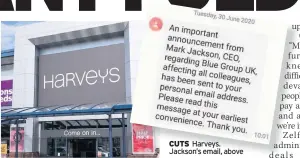  ??  ?? CUTS Harveys. Jackson’s email, above