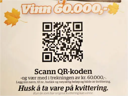  ??  ?? Qr-koder fra butikkene, kombinert med bilder av kvittering­er fra «Høstjakt-butikker», er det du trenger for å delta.