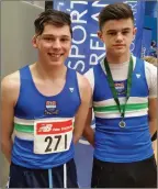  ??  ?? Conor McMahon and Jonathan Commins at the Leinster Indoor Championsh­ips.