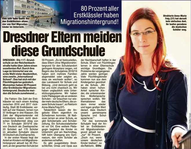  ??  ?? Eine sehr hohe Quote: Bei den Erstklässl­ern sitzen vier von fünf Migrantenk­inder im Unterricht. Direktorin Anna-Maria Feig (37) hat derzeit kein einfaches Amt. Ihr laufen geradezu die deutschen Schüler weg.