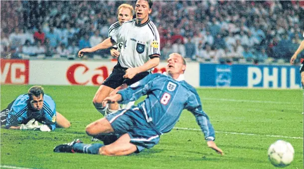  ??  ?? FIELD OF DRAMA: Paul Gascoigne famously just fails to connect in extra time during the European Championsh­ip 1996 semi-final between England and Germany