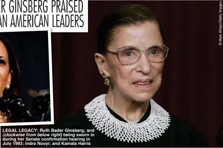  ??  ?? LEGAL LEGACY: Ruth Bader Ginsberg; and (clockwise from below right) being sworn in during her Senate confirmati­on hearing in July 1993; Indra Nooyi; and Kamala Harris