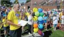  ?? Mhrcury filh pkoto ?? -im Davidheise­r, co-chairman of the Boyertown Relay for Life, speaks to the crowd during opening ceremonies in 2012.