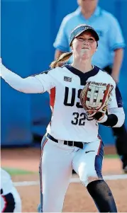  ?? THE OKLAHOMAN]
[PHOTO BY SARAH PHIPPS, ?? USA’s Jenna Lilley throws to first during a softball game between USA and Canada in the World Cup of Softball XII at Hall of Fame Stadium, Thursday.