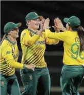  ?? Picture: PAUL KANE ?? ROAD TO VICTORY: Lizelle Lee and Sune Luus of SA celebrate the wicket of Danielle Wyatt of England during the ICC Women's T20 Cricket World Cup match between England and SA at the WACA on February 23, 2020 in Perth