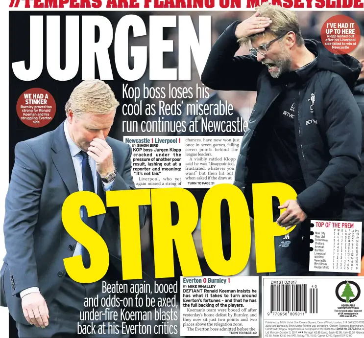  ??  ?? WE HAD A STINKER Burnley proved too strong for Ronald Koeman and his struggling Everton side I’VE HAD IT UP TO HERE Klopp lashed out after his Liverpool side failed to win at Newcastle