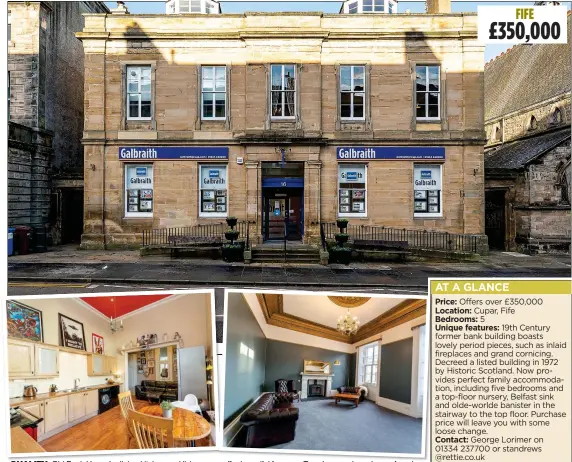  ?? ?? QUALITY: Old Bank House’s dining kitchen and living room offer beautiful features. Top, the grand sandstone facade